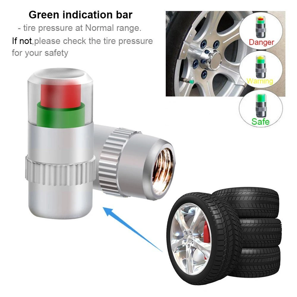 34 Psi Car Tire Pressure Monitor Valve Cup with Sensor Indicator 3 Color 4PCS Eye Alert Cap