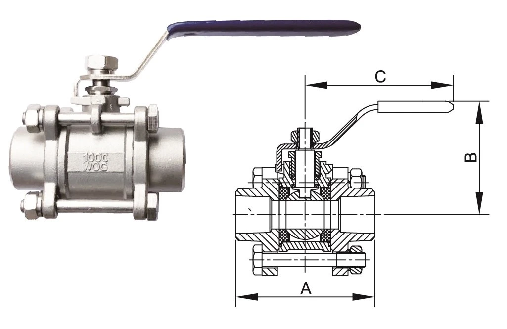 Welded Connection Low-Pressure Manual 3-Piece Stainless Steel Ball Valve Handle Extension
